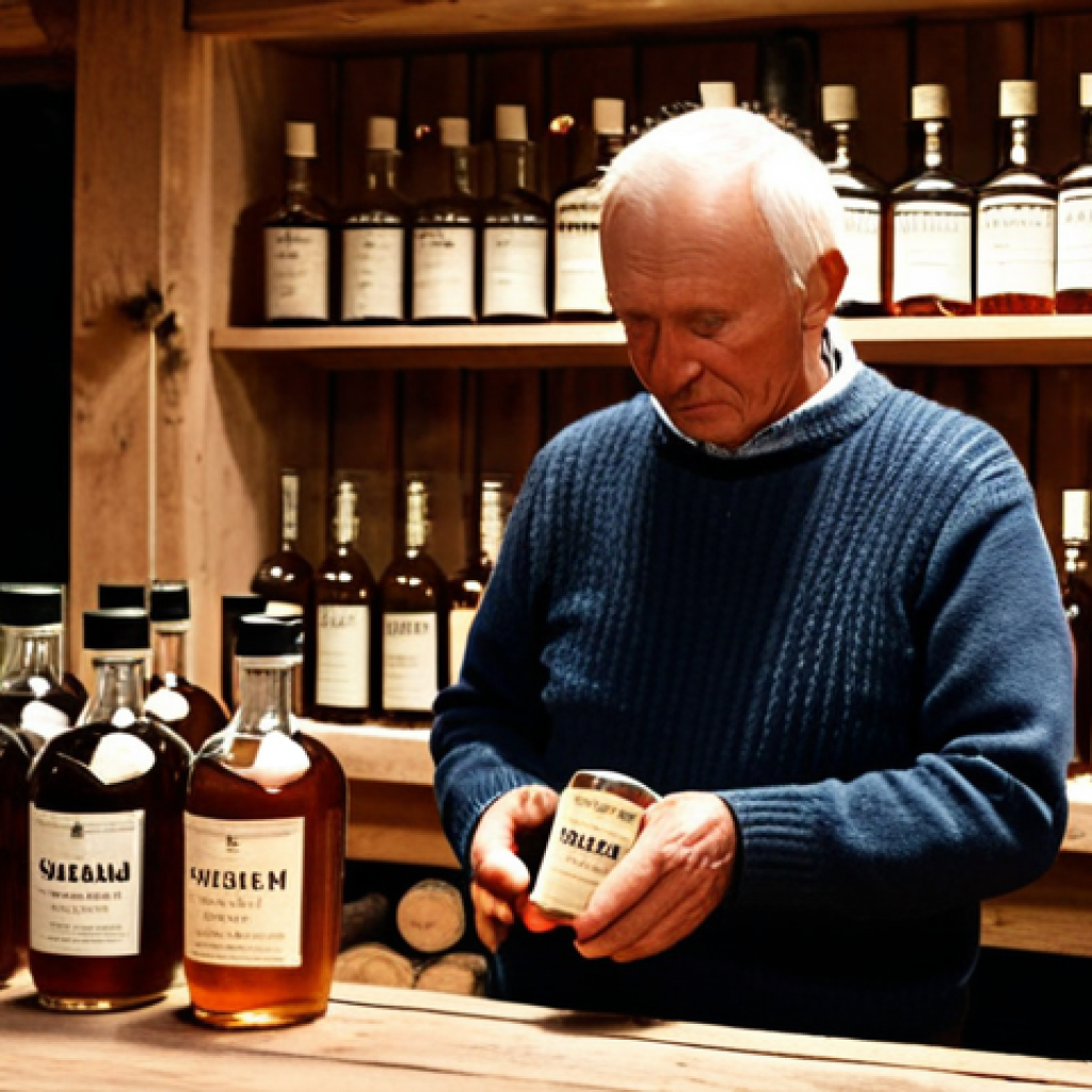 **

A cozy, dimly lit Swedish "gårdsbutik" (farm shop) setting. In the foreground, a selection of beautifully labeled bottles of "gårdsbränneri" (farm-distilled spirits) are displayed on a rustic wooden table. Behind the table, an older man with a twinkle in his eye, wearing a traditional Swedish sweater, is pouring a small amount of clear spirit into a "snapsglas" for a customer. The background shows shelves lined with locally sourced ingredients like lingonberries, juniper branches, and honey. The overall atmosphere should be warm and inviting, highlighting the craftsmanship and local ingredients.

**