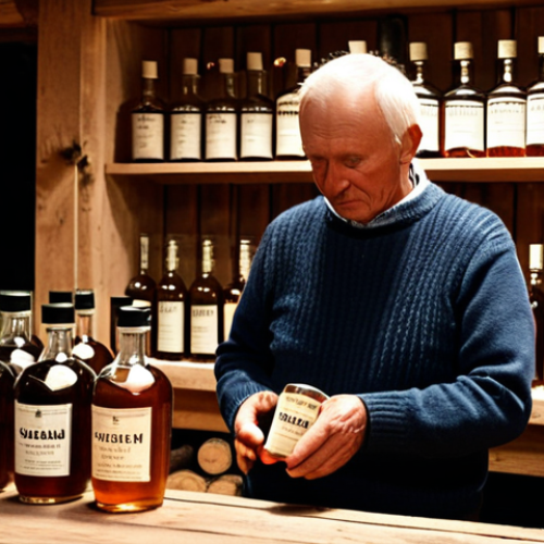 Home 4 **
A cozy, dimly lit Swedish "gårdsbutik" (farm shop) setting. In the foreground, a selection of beautifully labeled bottles of "gårdsbränneri" (farm-distilled spirits) are displayed on a rustic wooden table. Behind the table, an older man with a twinkle in his eye, wearing a traditional Swedish sweater, is pouring a small amount of clear spirit into a "snapsglas" for a customer. The background shows shelves lined with locally sourced ingredients like lingonberries, juniper branches, and honey. The overall atmosphere should be warm and inviting, highlighting the craftsmanship and local ingredients.
**