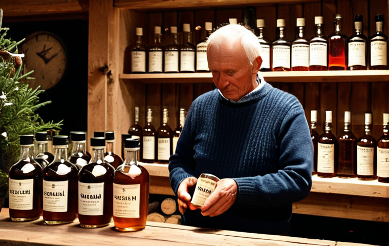 **

A cozy, dimly lit Swedish "gårdsbutik" (farm shop) setting. In the foreground, a selection of beautifully labeled bottles of "gårdsbränneri" (farm-distilled spirits) are displayed on a rustic wooden table. Behind the table, an older man with a twinkle in his eye, wearing a traditional Swedish sweater, is pouring a small amount of clear spirit into a "snapsglas" for a customer. The background shows shelves lined with locally sourced ingredients like lingonberries, juniper branches, and honey. The overall atmosphere should be warm and inviting, highlighting the craftsmanship and local ingredients.

**